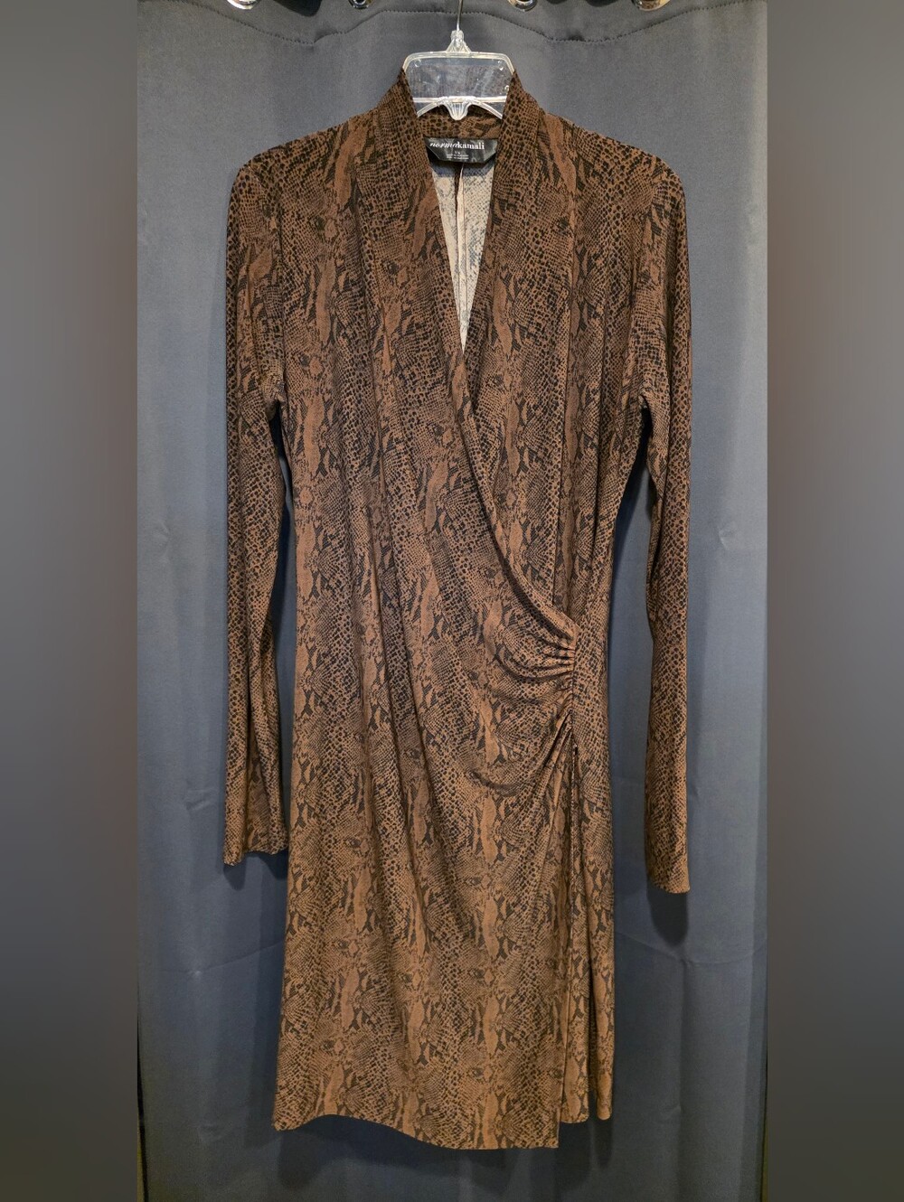 Norma Kamali Size Large Dress Faux Wrap Snakeskin Print Stretch Cocoa Python